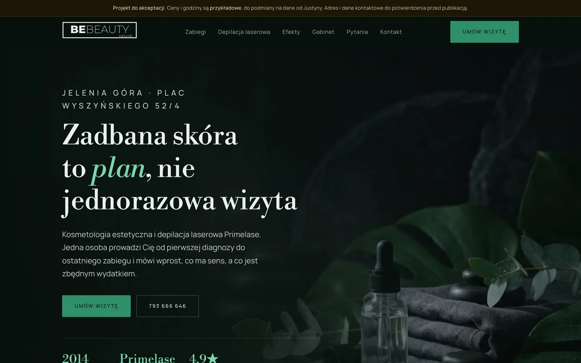 Strona główna BE BEAUTY natural: ciemny kadr z nazwą salonu i zielonym akcentem