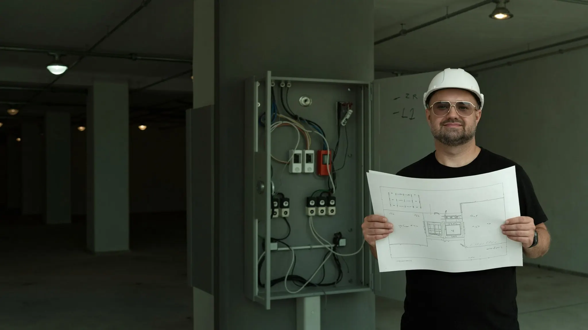 Michał Gosk w kasku z rysunkami instalacji przy rozdzielnicy