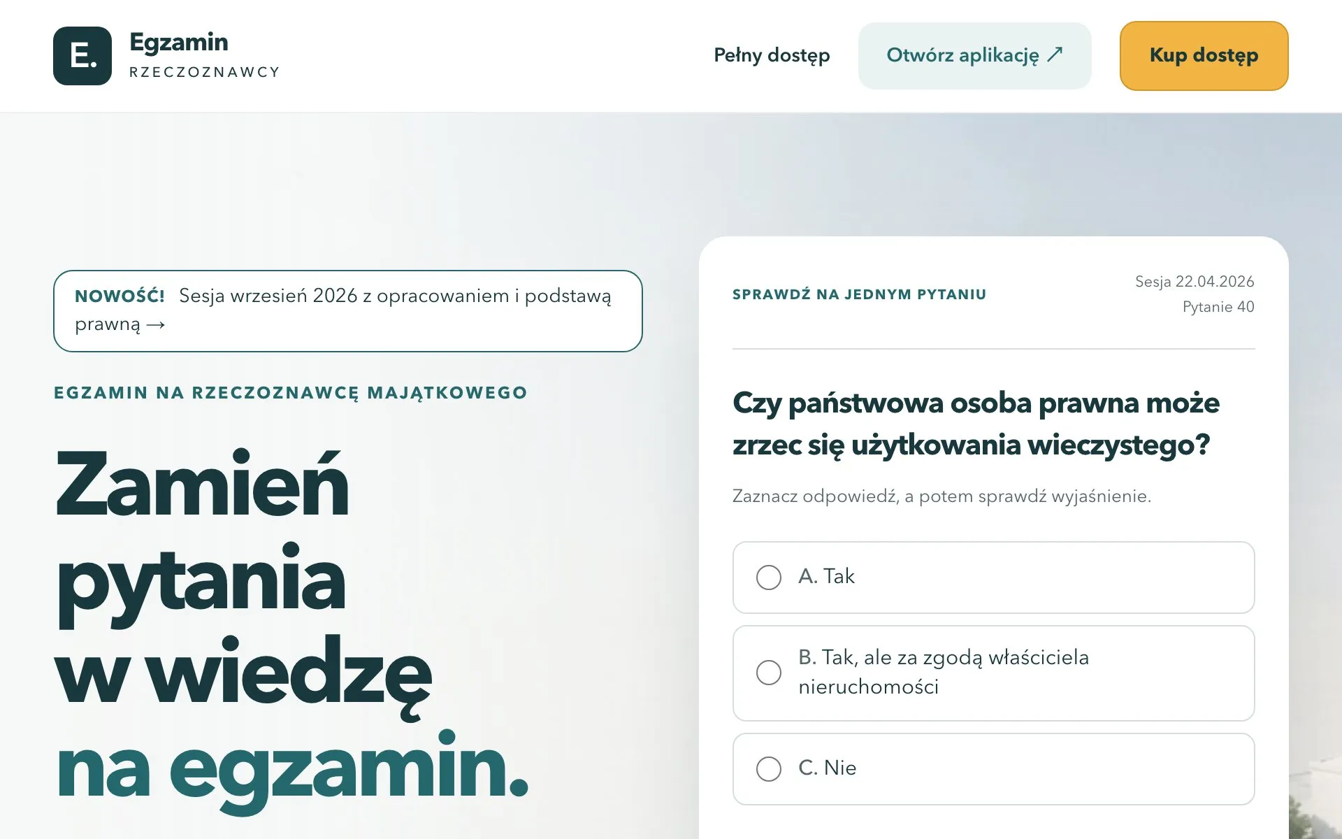 Strona główna egzaminrzeczoznawcy.pl: nagłówek „Zamień pytania w wiedzę na egzamin" i przykładowe pytanie egzaminacyjne