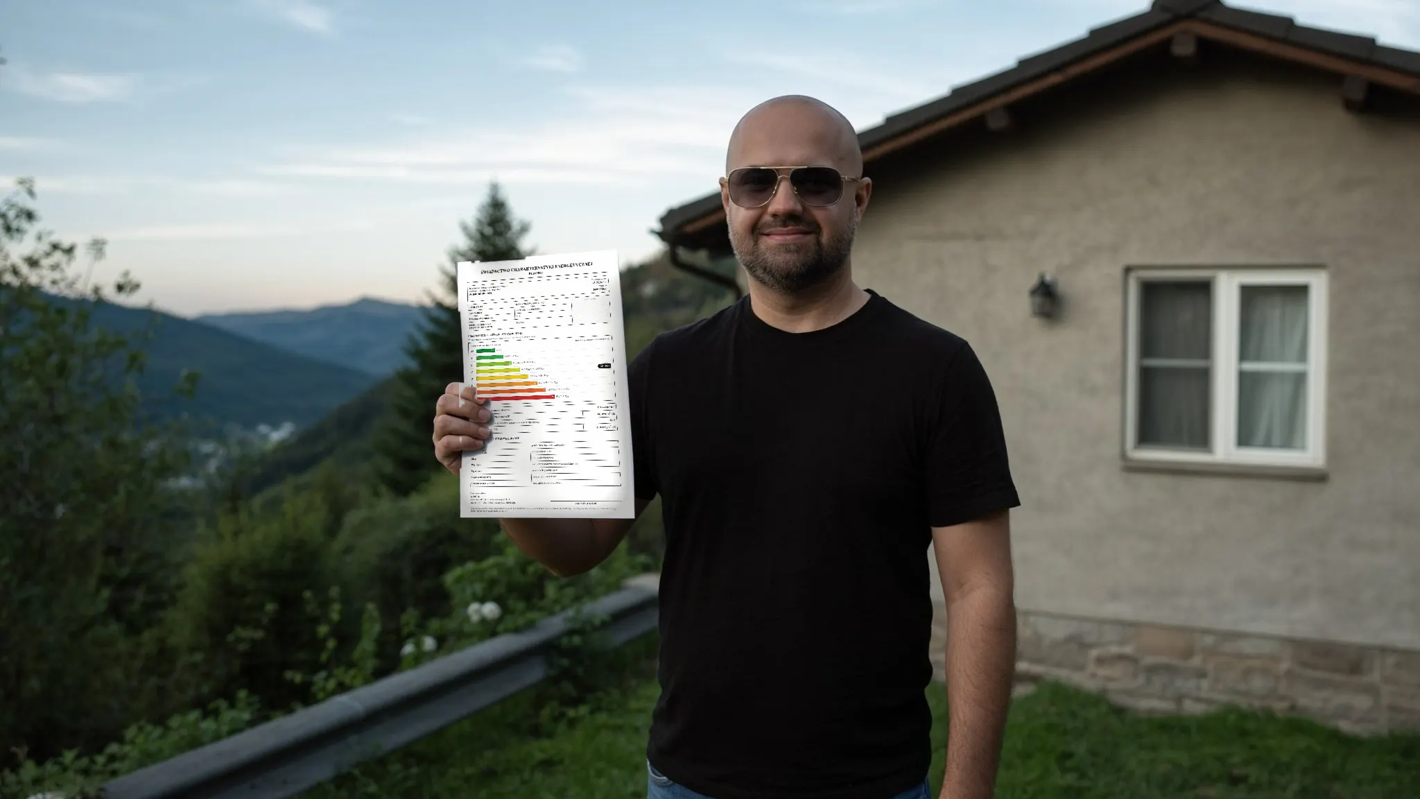 Michał Gosk ze świadectwem charakterystyki energetycznej przed domem