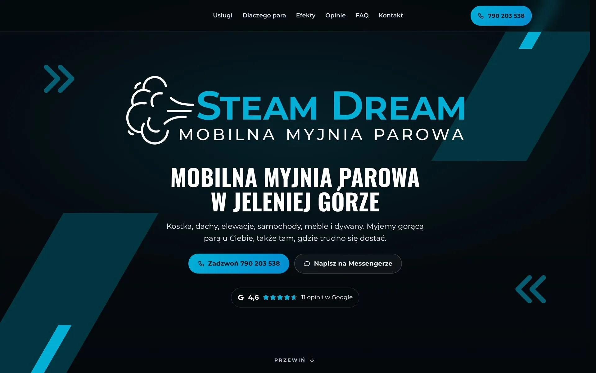 Strona główna Steam Dream: logo i nagłówek „Mobilna myjnia parowa w Jeleniej Górze" na ciemnym tle z ukośnymi belkami