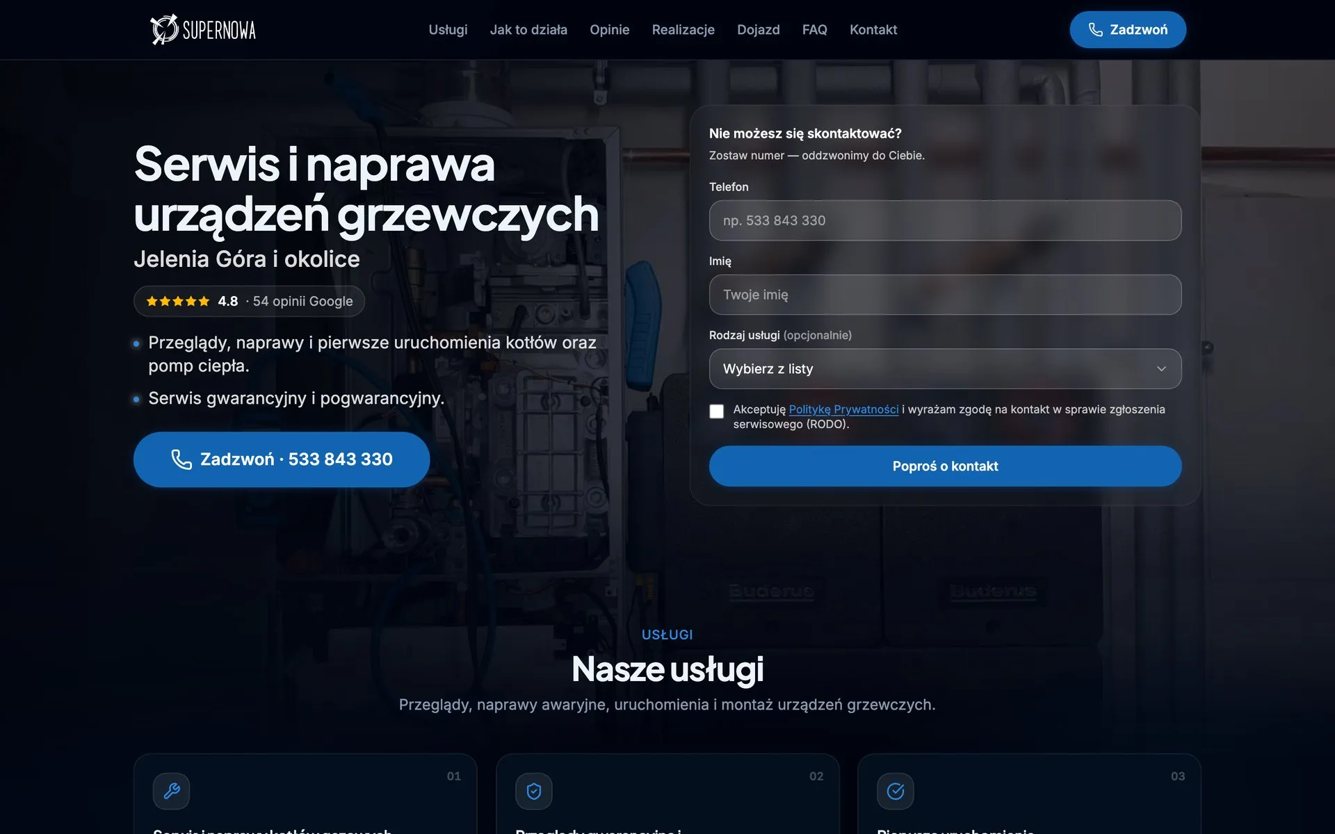 Strona główna serwisu Supernowa: nagłówek „Serwis i naprawa urządzeń grzewczych" i formularz kontaktowy