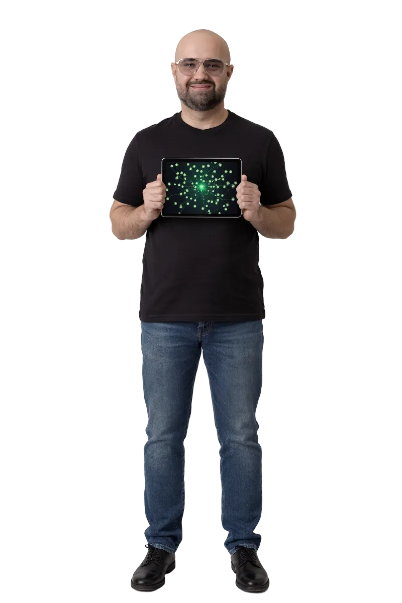 Michał Gosk z tabletem z grafem bazy wiedzy